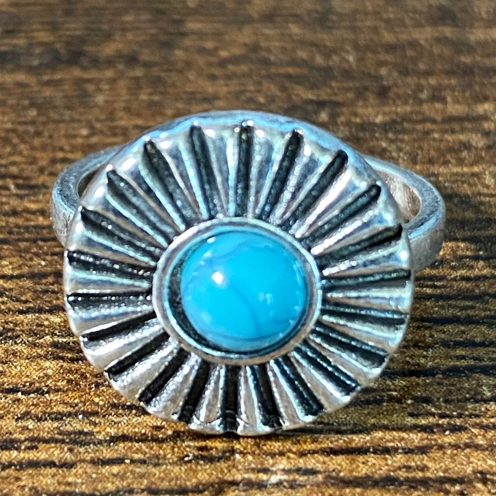 Boho Sunflower Round Turquoise & Stainless Steel Women’s Ring 6-1/2